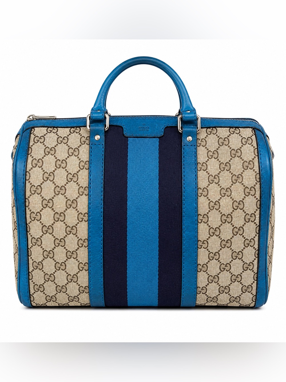 Vintage Web Boston Gucci Blue Stripe Canvas Top-Handle Shoulder Bag